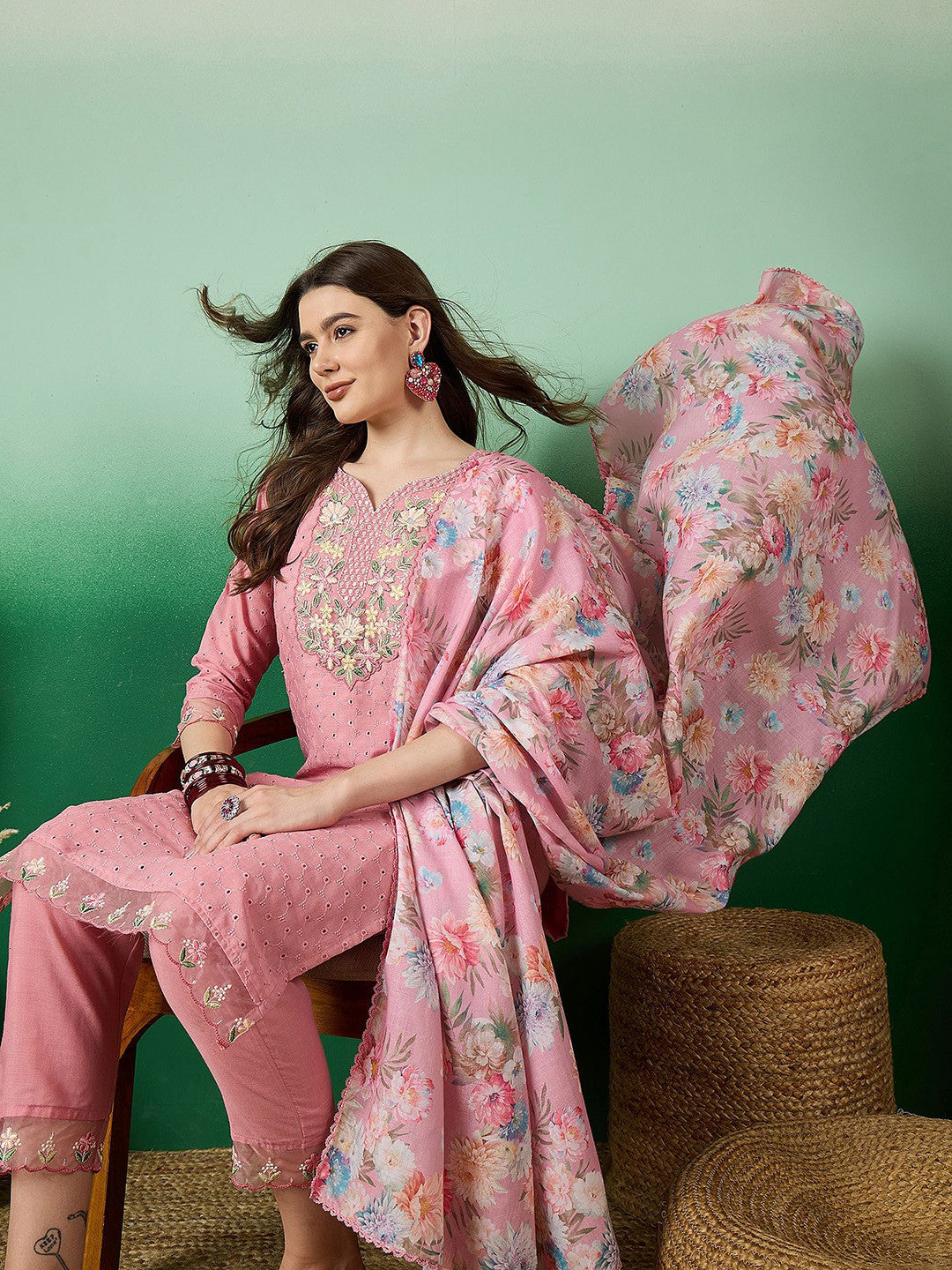 Floral Embroidered Thread Work Pure Cotton Kurta with Trousers & Dupatta