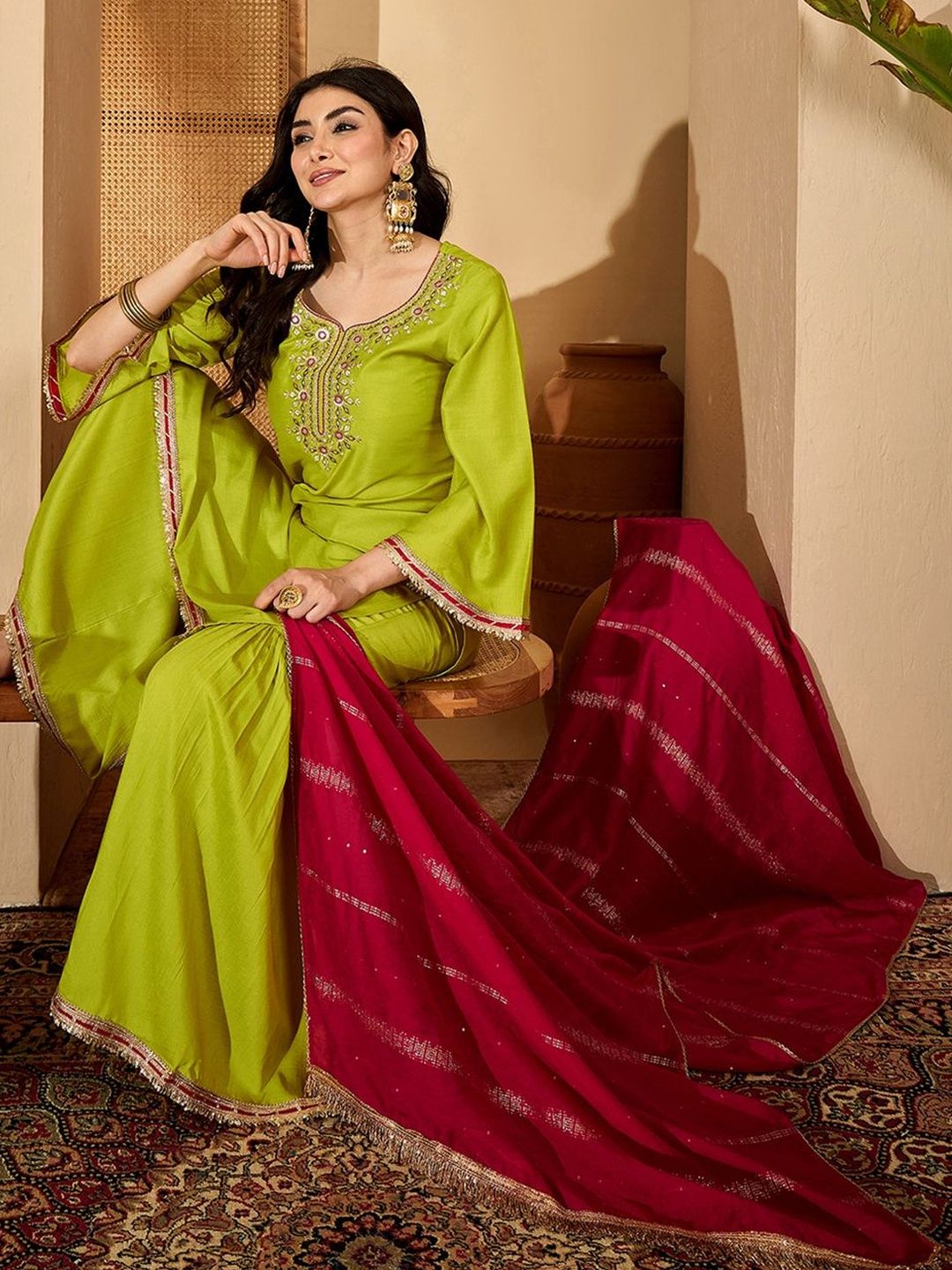 Dhiyona SN Floral Embroidered Kurta with Palazzos & Dupatta