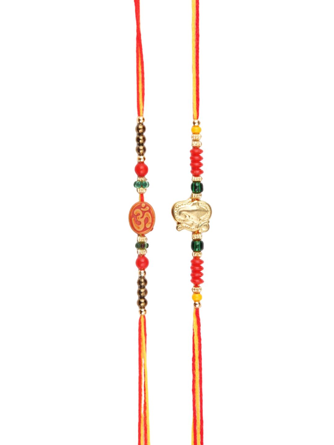 Dhiyona Set Of 2 Red Om & Lord Ganesh Beaded Rakhi With Roli Rice & Greeting Card
