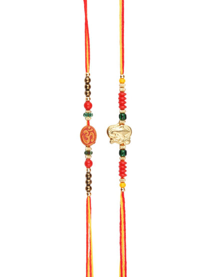 Dhiyona Set Of 2 Red Om & Lord Ganesh Beaded Rakhi With Roli Rice & Greeting Card