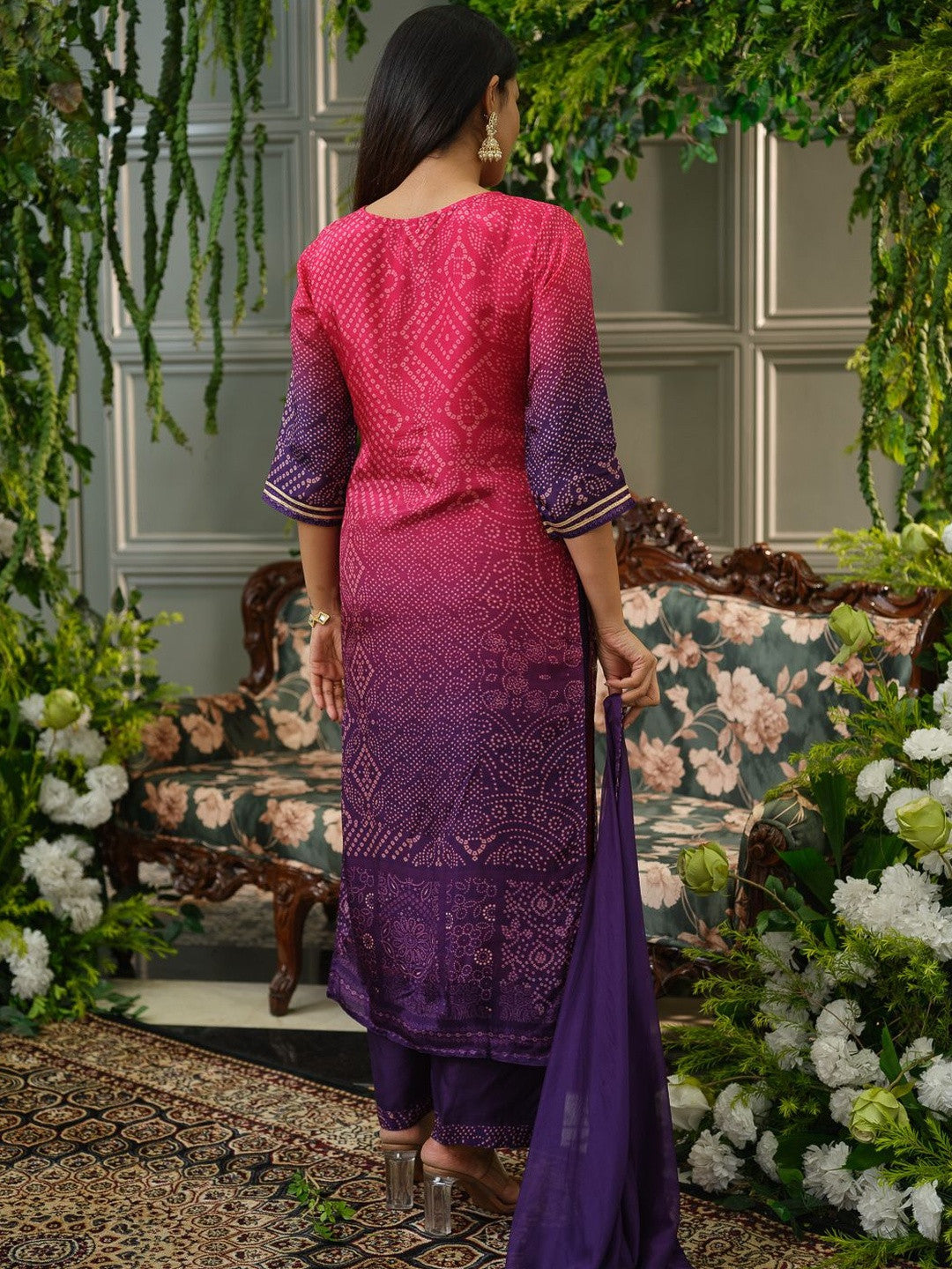 Bandhani Printed Sequinned Straight Kurta with Trousers & Dupatta