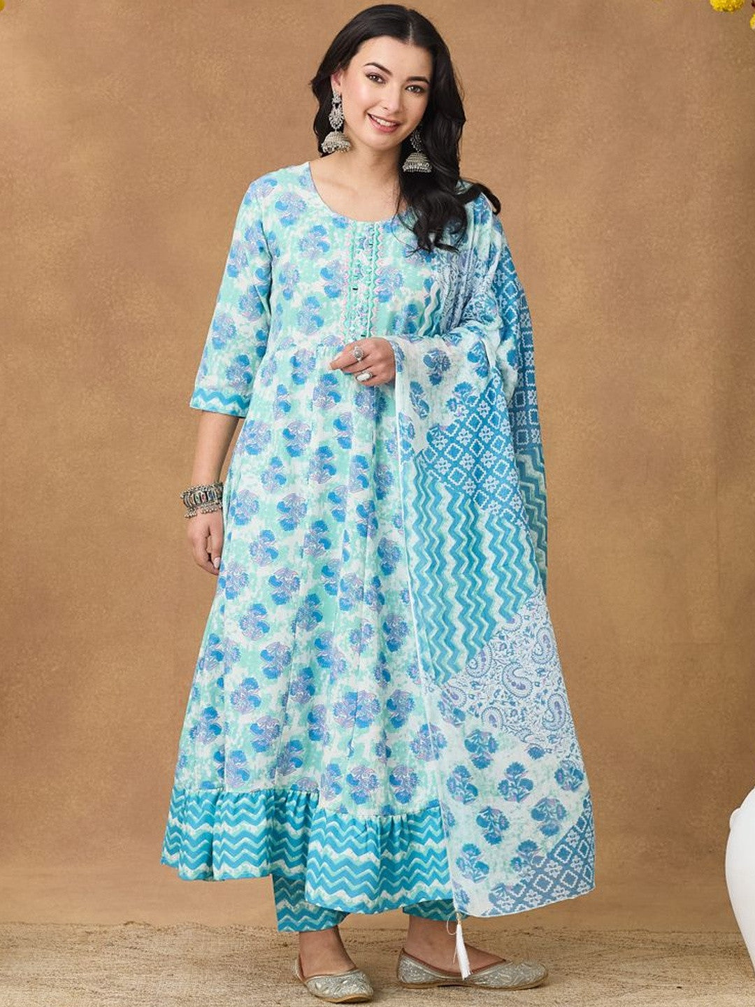 Women Floral Printed Miror Embroided Neck Anarkali Kurta Set With Tasseled Dupatta