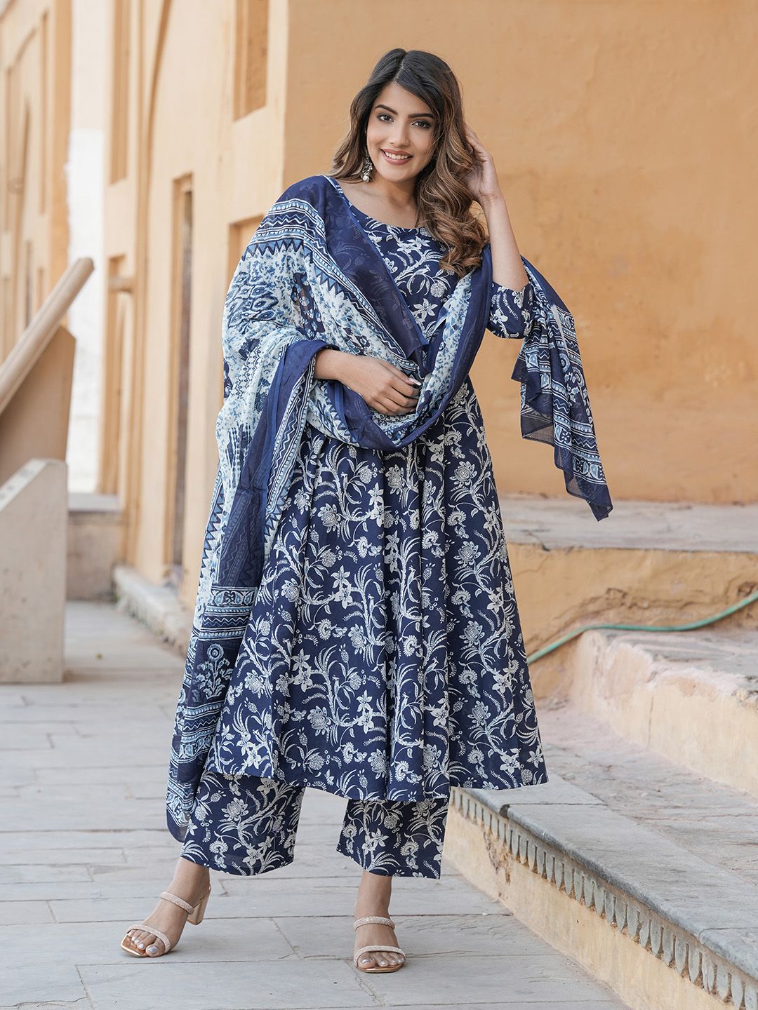 Dhiyona KL Floral Printed Pure Cotton Anarkali Kurta with Trousers & Dupatta