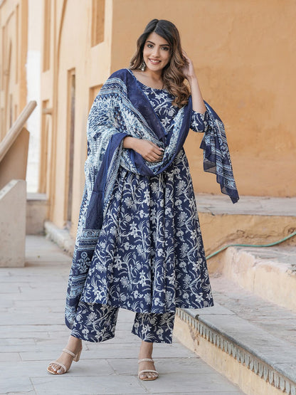 Dhiyona KL Floral Printed Pure Cotton Anarkali Kurta with Trousers & Dupatta