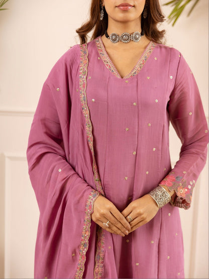 Women's Pink Mulmul Chanderi Kurta Pant Dupatta Set