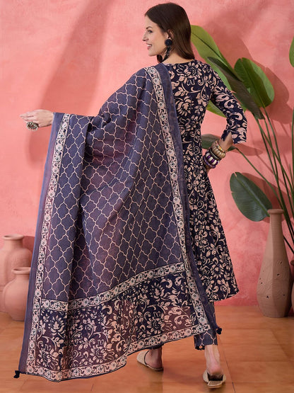 Dhiyona SN Women's Floral Printed Pure Cotton Anarkali Kurta With Trouser And Dupatta