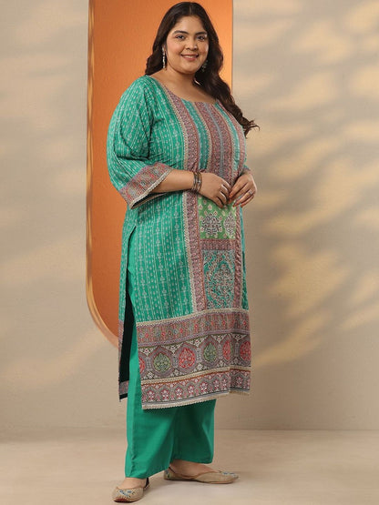 Dhiyona Women's Plus Size Printed Square Neck Straight Kurta With Palazzos & Dupatta