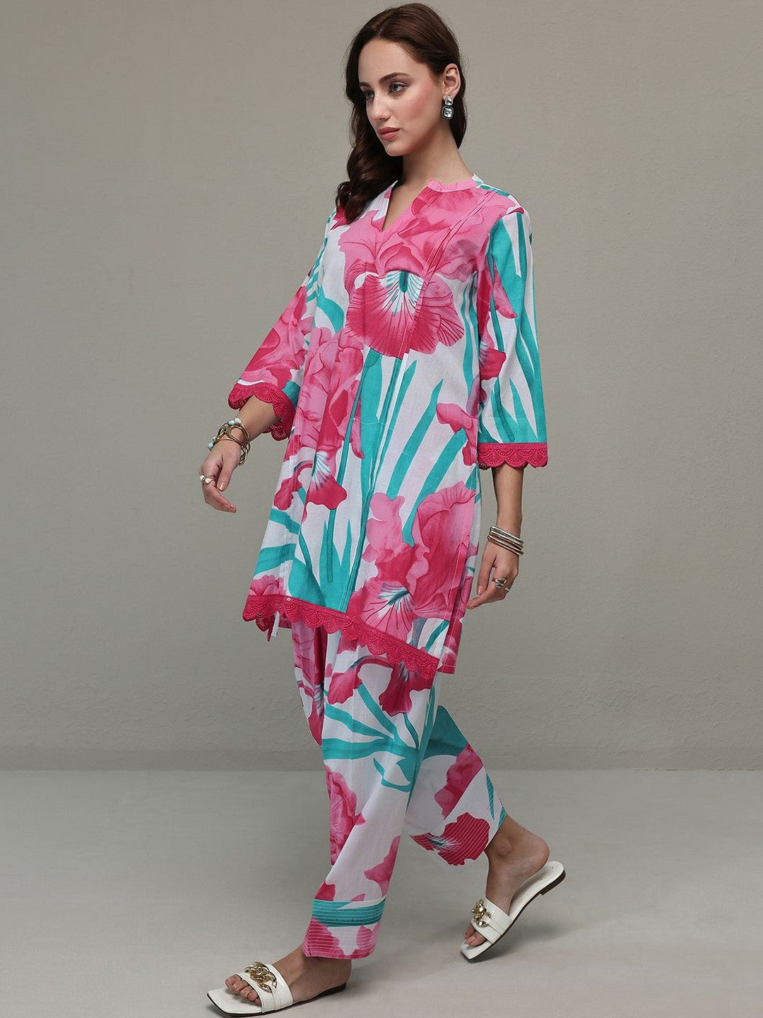 White Floral Printed Cotton Straight Kurta Set