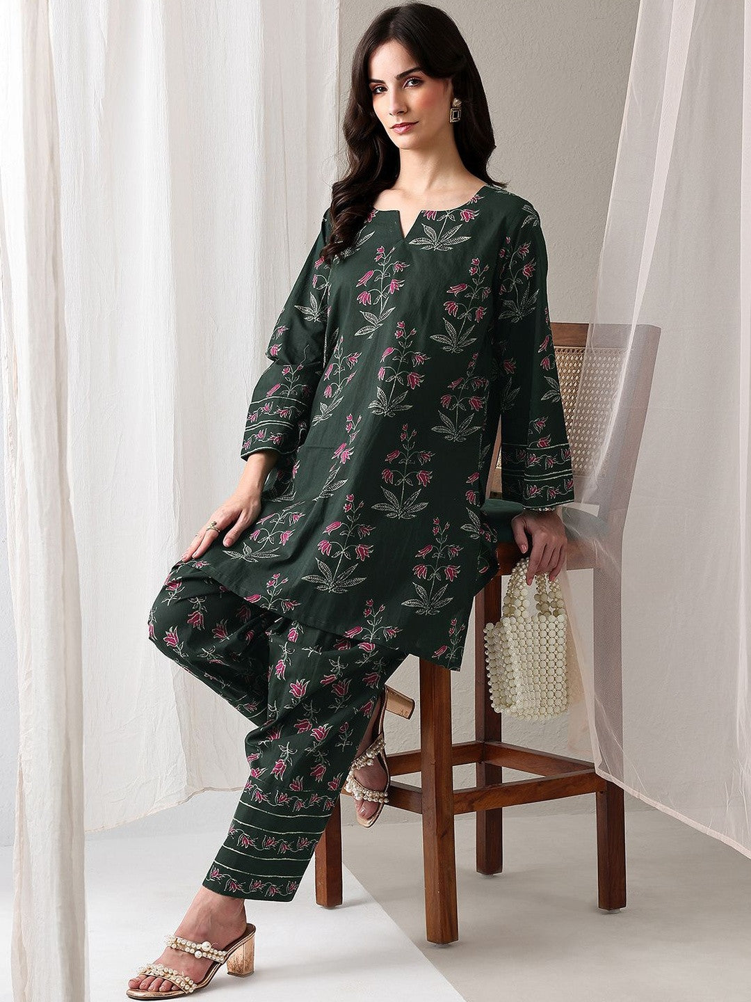 Green Floral Printed Cotton Straight Kurta Set