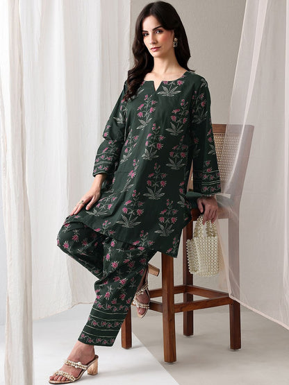 Green Floral Printed Cotton Straight Kurta Set