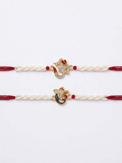 Dhiyona Set Of 2 White Pearls Om & Ganesh Ji Thread Rakhi With Roli Chawal Chandan Mishri