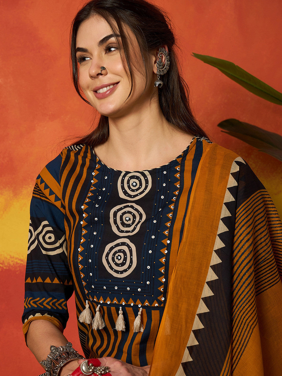Striped Pure Cotton Round Neck Kurta & Trousers With Dupatta