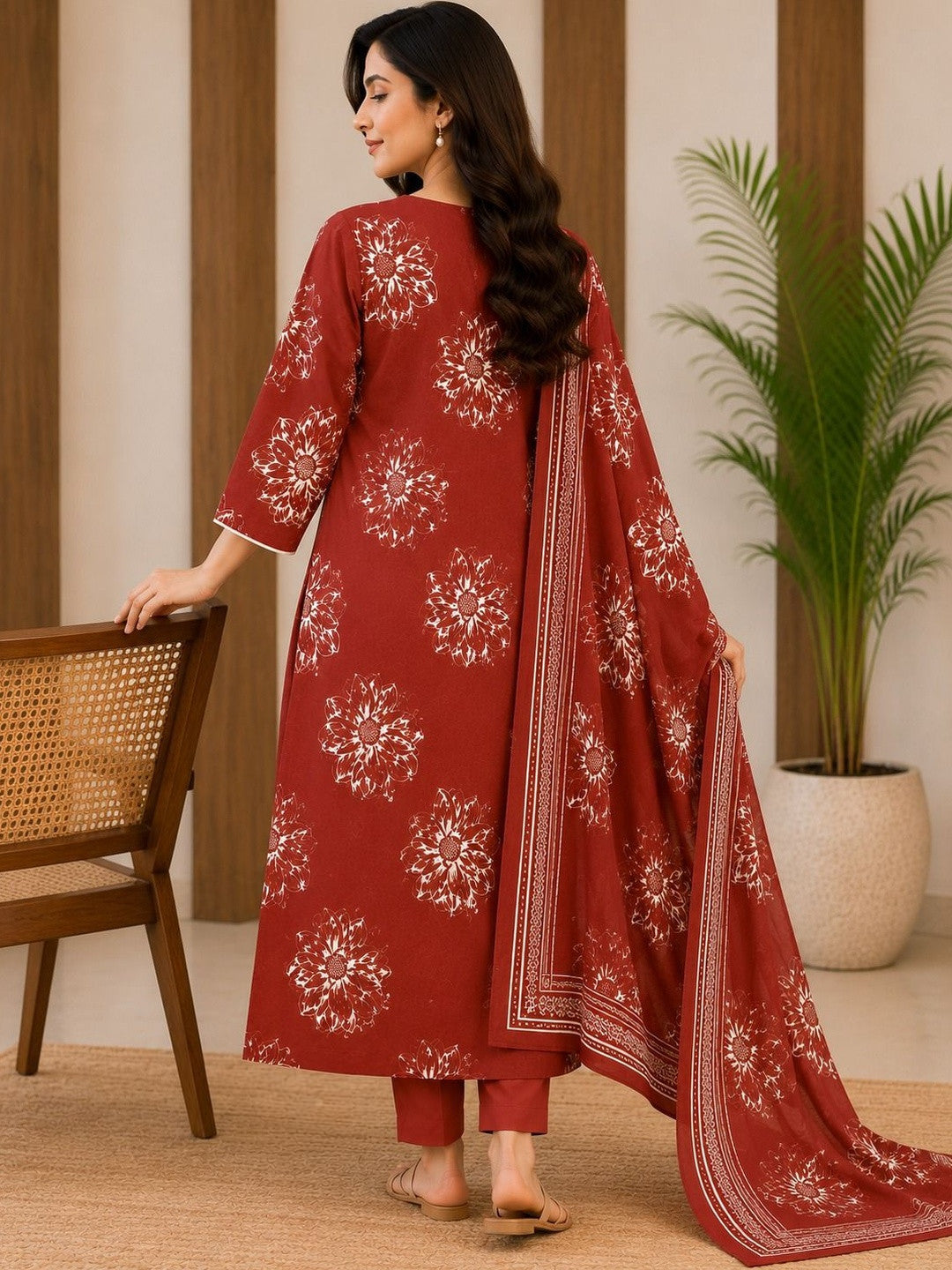 Women Floral Printed Regular Mirror Work Pure Cotton Kurta with Trousers & With Dupatta