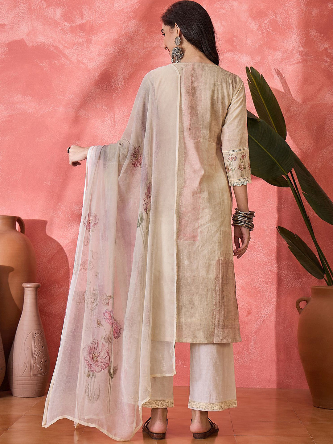 Floral Printed Thread Work Straight Kurta With Trouser & Dupatta