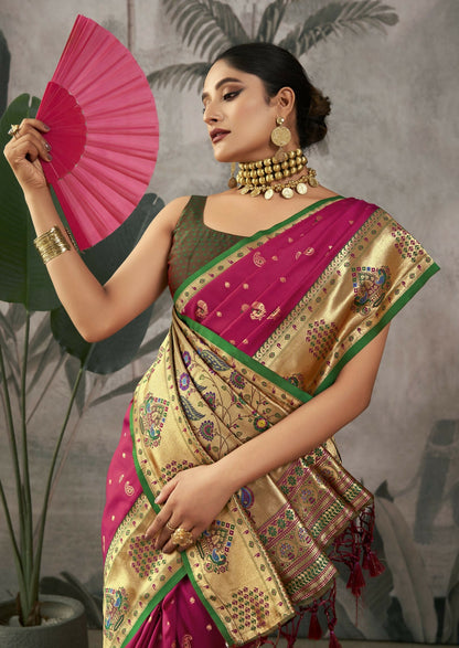 Women Paithani Isha Wine Saree With Unstiched Blouse