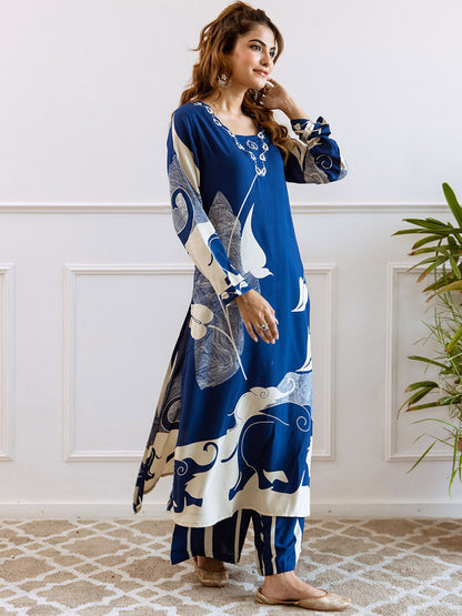 Floral Printed V-Neck Beads and Stones Straight Kurta With Palazzos