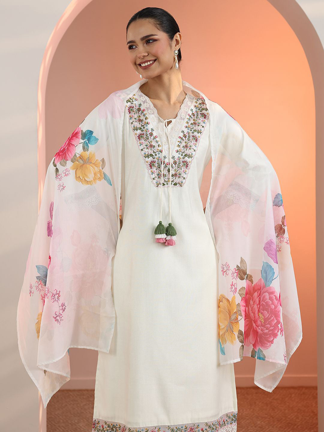 Floral Embroidered V-Neck Thread Work Straight Kurta With Trousers & Dupatta