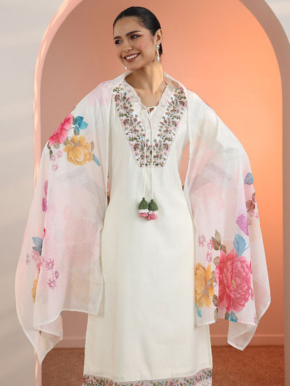 Floral Embroidered V-Neck Thread Work Straight Kurta With Trousers & Dupatta