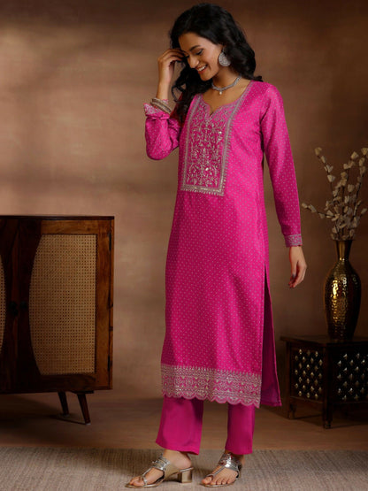 Women's LB Pink Printed Silk Blend Straight Suit With Dupatta