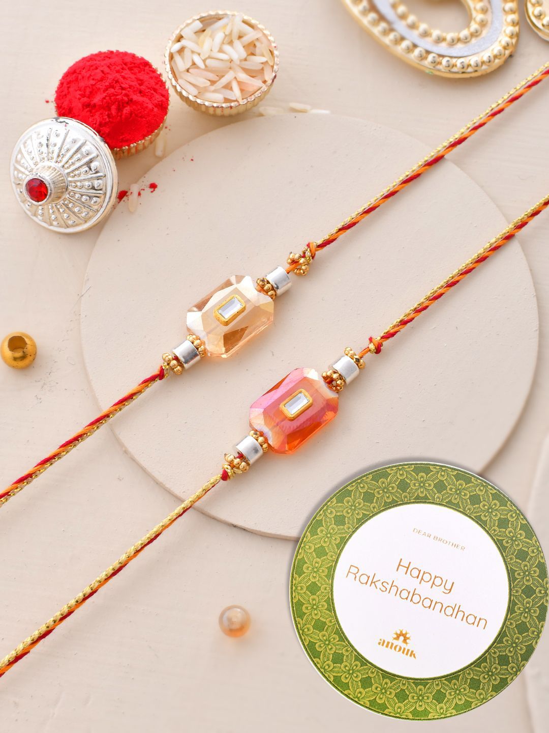 Dhiyona Set of 2 Red Kundan-Studded & Beaded Thread Rakhi