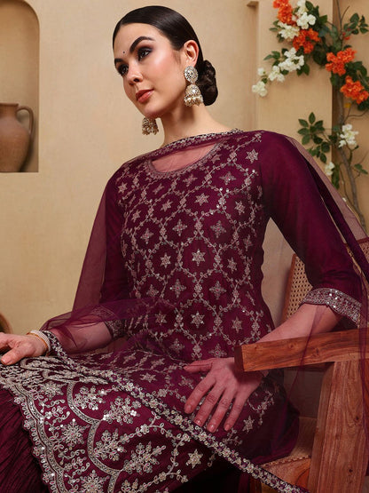 Dhiyona KL Ethnic Motifs Embroidered Striaght Thread Work Kurta With Sharara & Dupatta