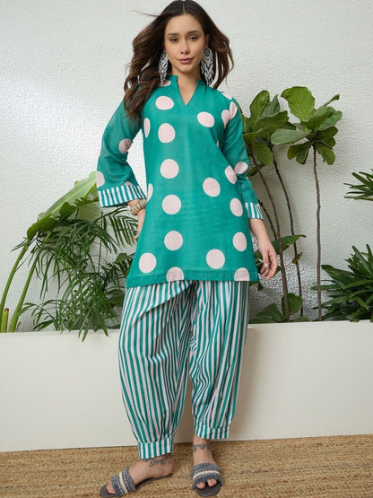 Women Linen Floral Printed Short Kurti With Farshi Salwar Set