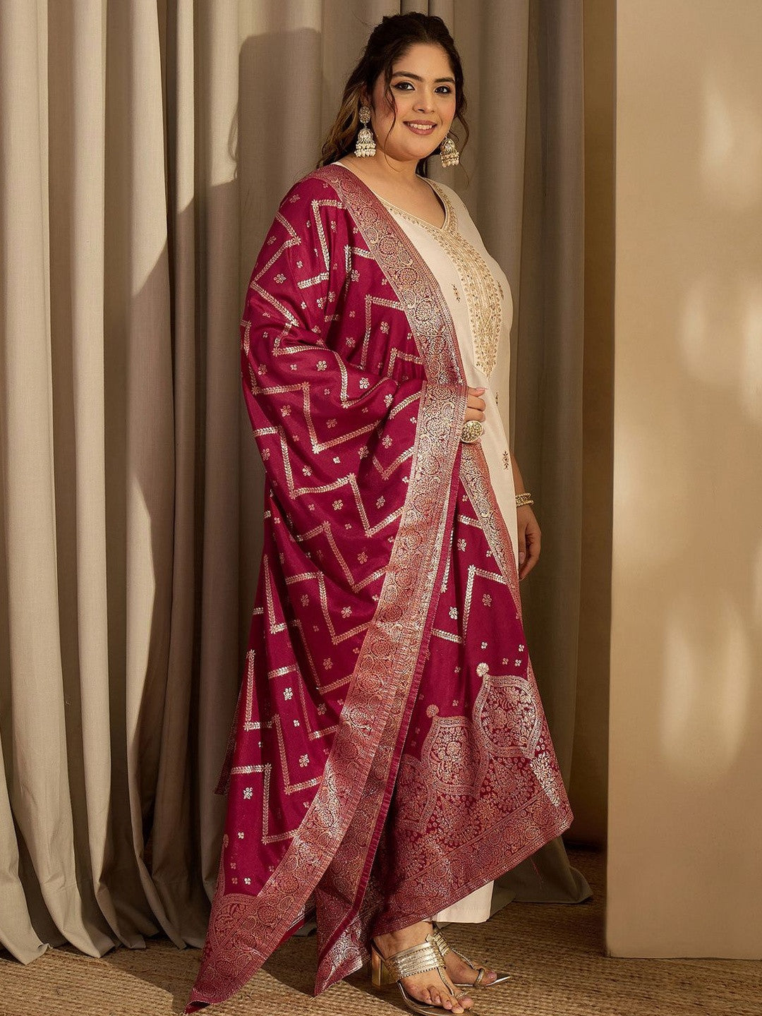 Plus Size Ethnic Embroidered Regular Kurta with Trousers & With Dupatta