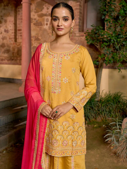 Women's LB Art Yellow Embroidered Silk Blend Straight Suit With Dupatta