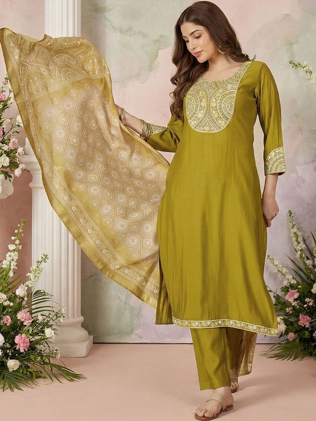 Dhiyona CH Women Ethnic Motifs Embroidered Regular Thread Work Kurta with Trousers & With Dupatta