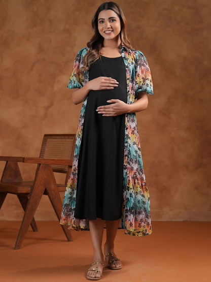 Dhiyona AY Women's Printed Shoulder Strap Neck Maternity Ethnic Dresses With Jacket