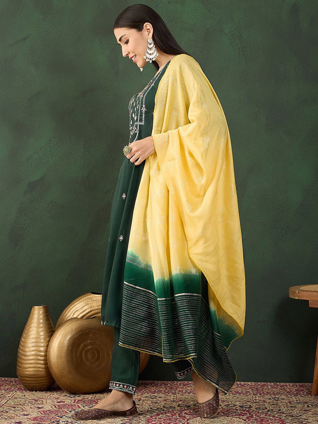 Floral Embroidered Sequinned Straight Kurta With Dupatta