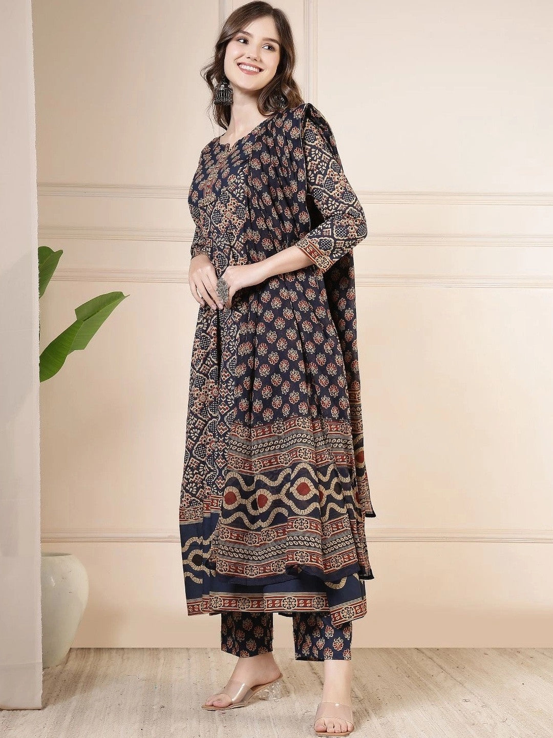 Women Ethnic Motifs Printed Empire Pure Cotton Kurta with Palazzos & With Dupatta