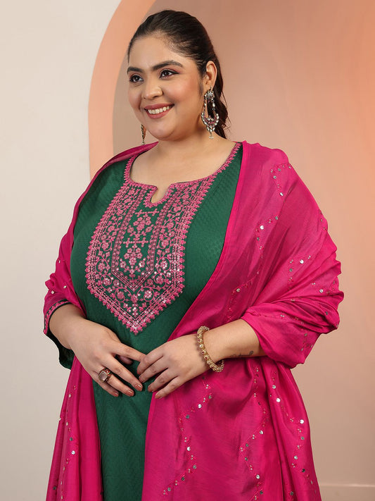 Dhiyona Women's Plus Size Ethnic Motifs Embroidered Kurta with Trousers & Dupatta