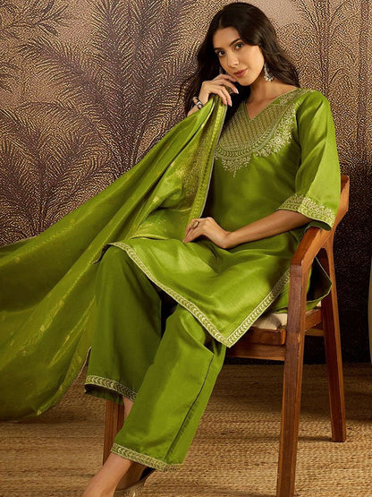 Dhiyona SN Floral Embroidered V-Neck Sequinned Kurta With Palazzos & Dupatta