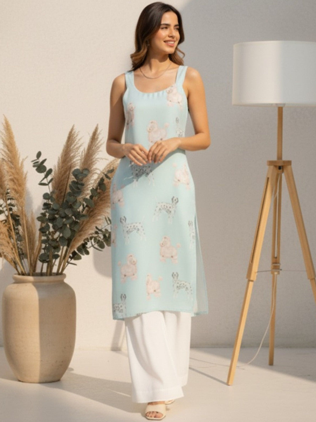 Animal Printed Satin Sleeveless Straight Kurta With Trousers