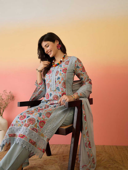 Floral Printed Pure Cotton Kurta & Trousers With Dupatta