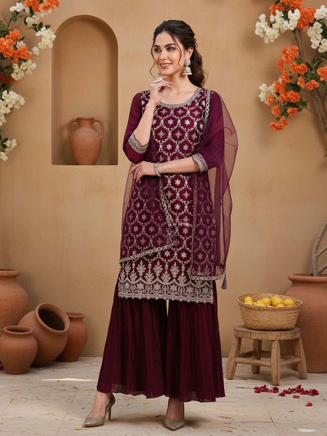 Dhiyona KL Ethnic Motifs Embroidered Regular Kurta with Sharara & With Dupatta