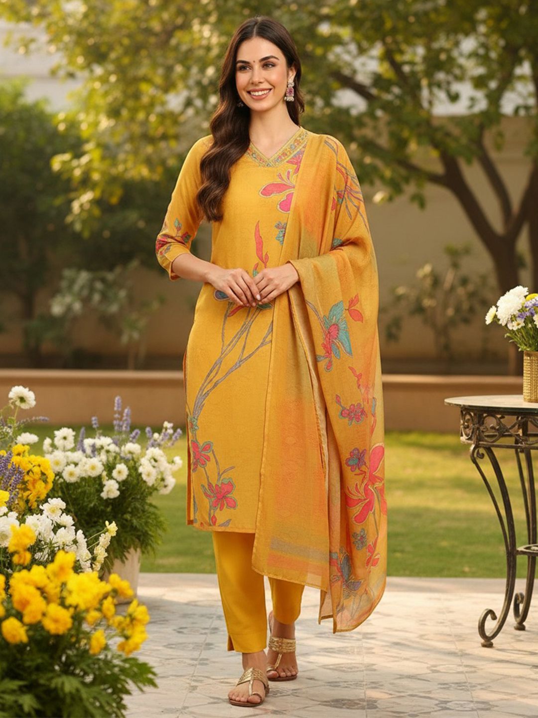 Dhiyona KL Women Floral Printed Regular Thread Work Kurta with Trousers & With Dupatta