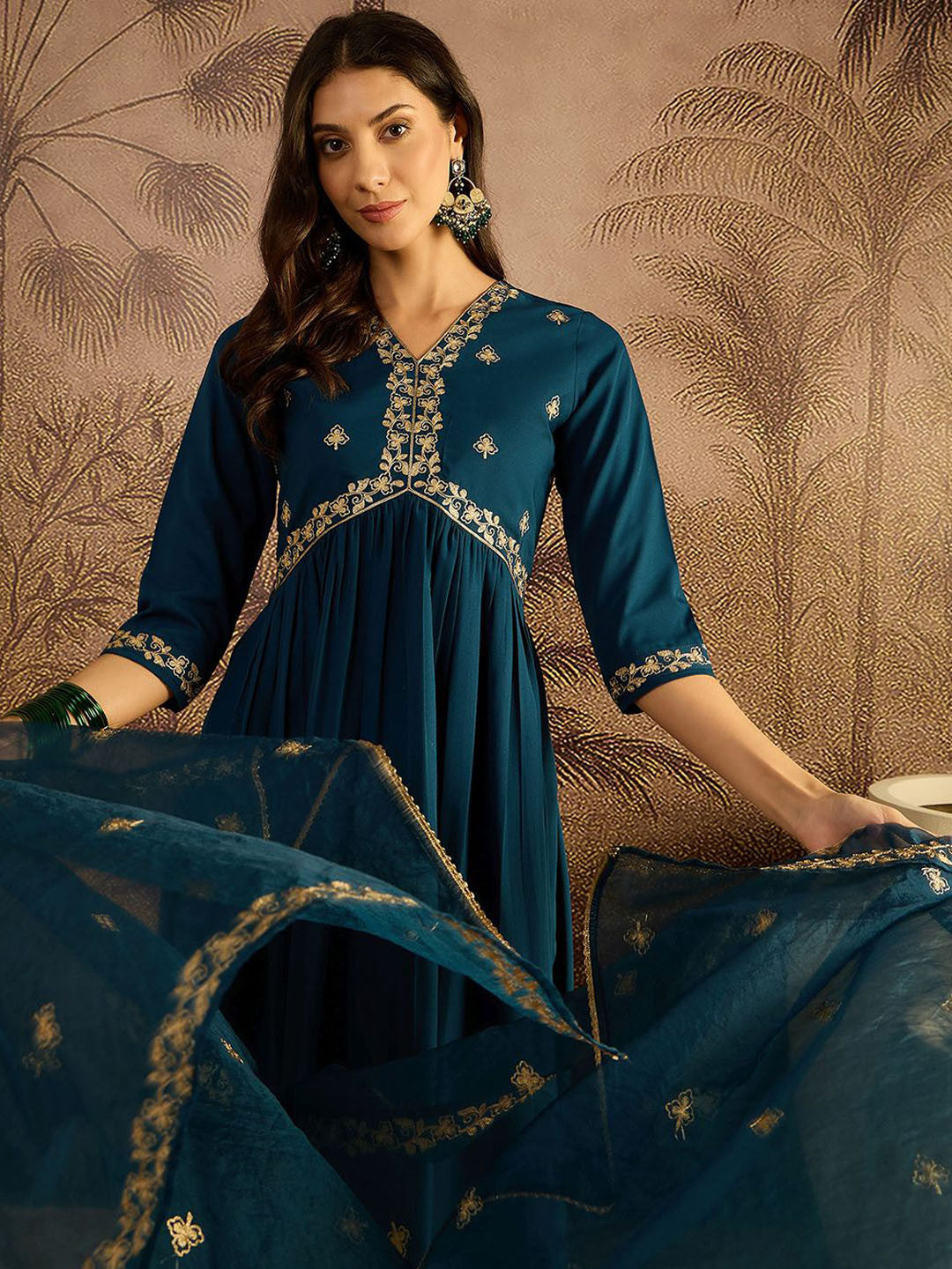 Floral Embroidered Sequinned Thread Work Kurta With Trousers & Dupatta