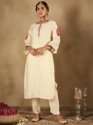 Women's Cream Embroidered Straight Kurta Trousers With Dupatta Set