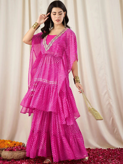 Women Striped Regular Thread Work Kurta with Sharara