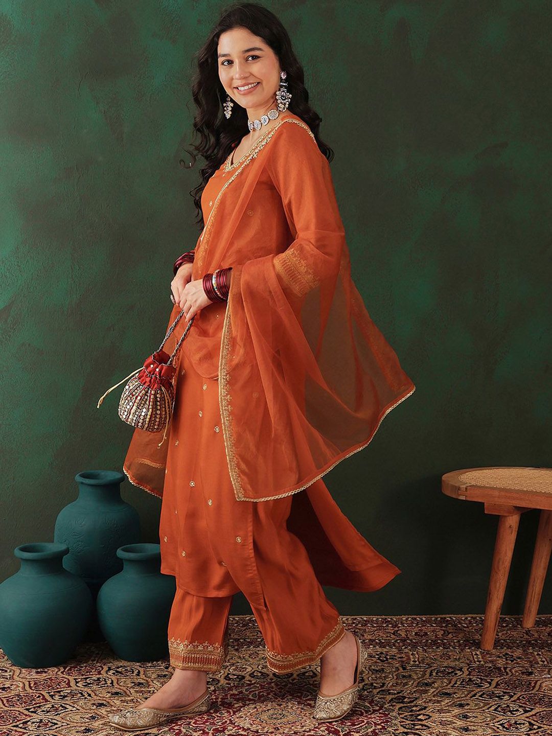Dhiyona SN Women's Floral Embroidered Zari Straight Kurta & Trouser With Dupatta