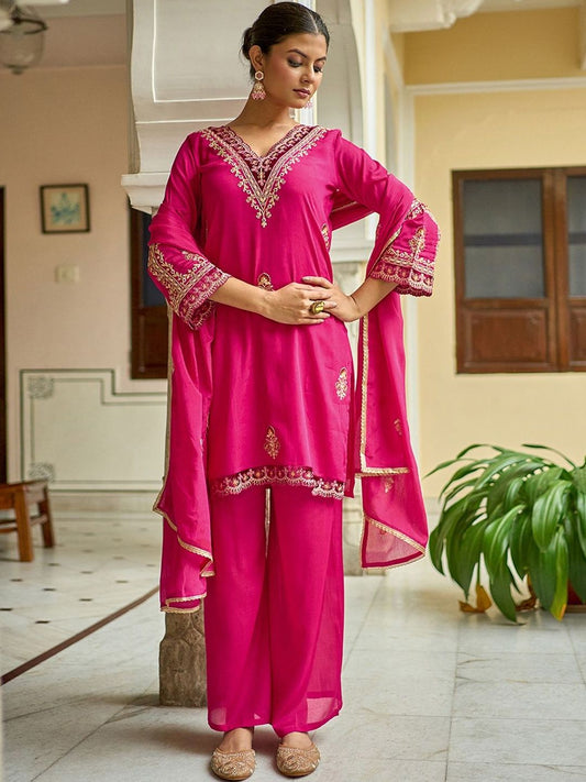 Dhiyona SN Embroidered V-Neck Straight Kurta & Palazzos With Dupatta