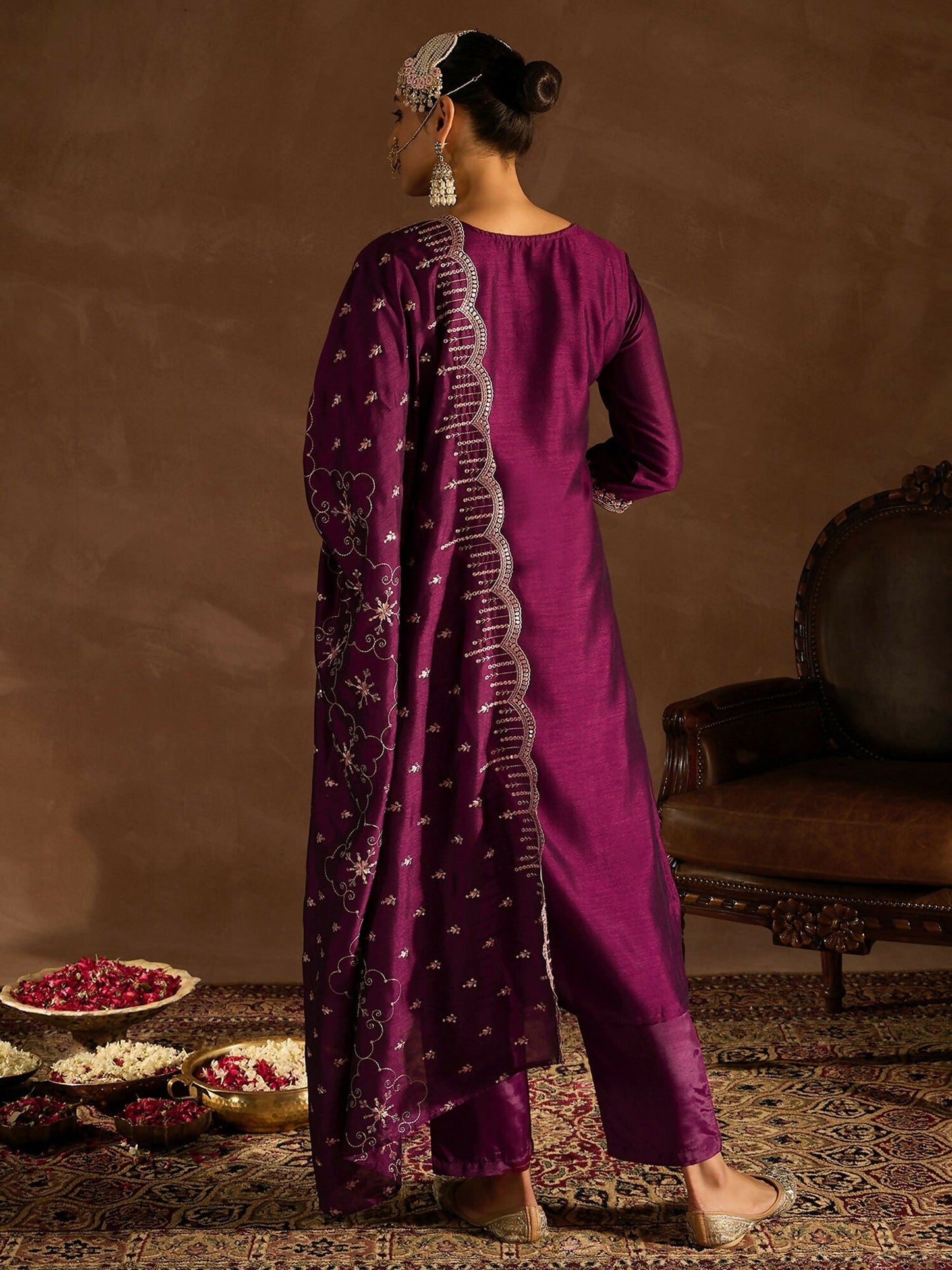 Women's Burgundy Ethnic Motifs Embroidered Sequinned Kurta with Trousers & With Dupatta