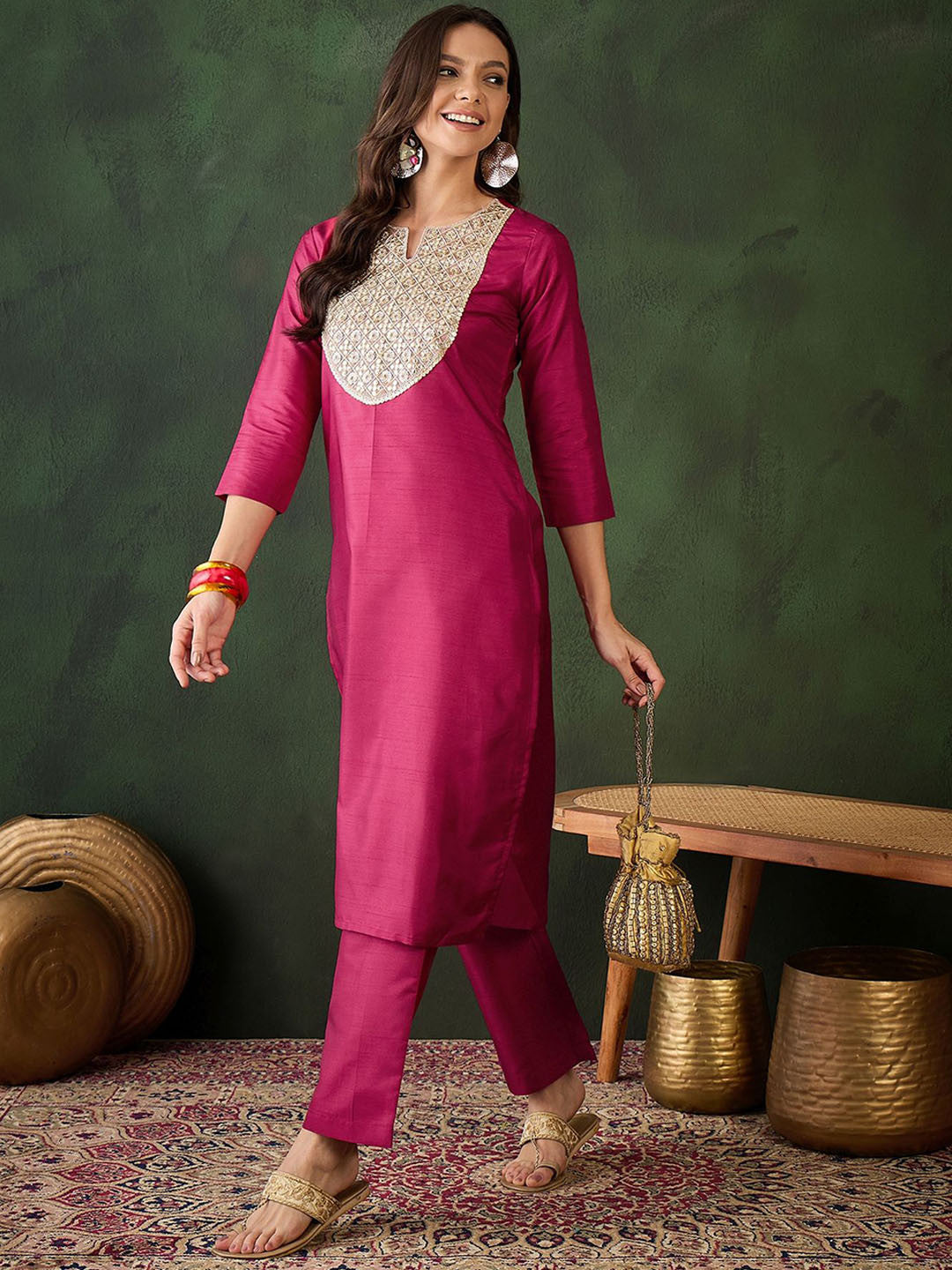 Women Embroidered Straight Kurta & Trousers