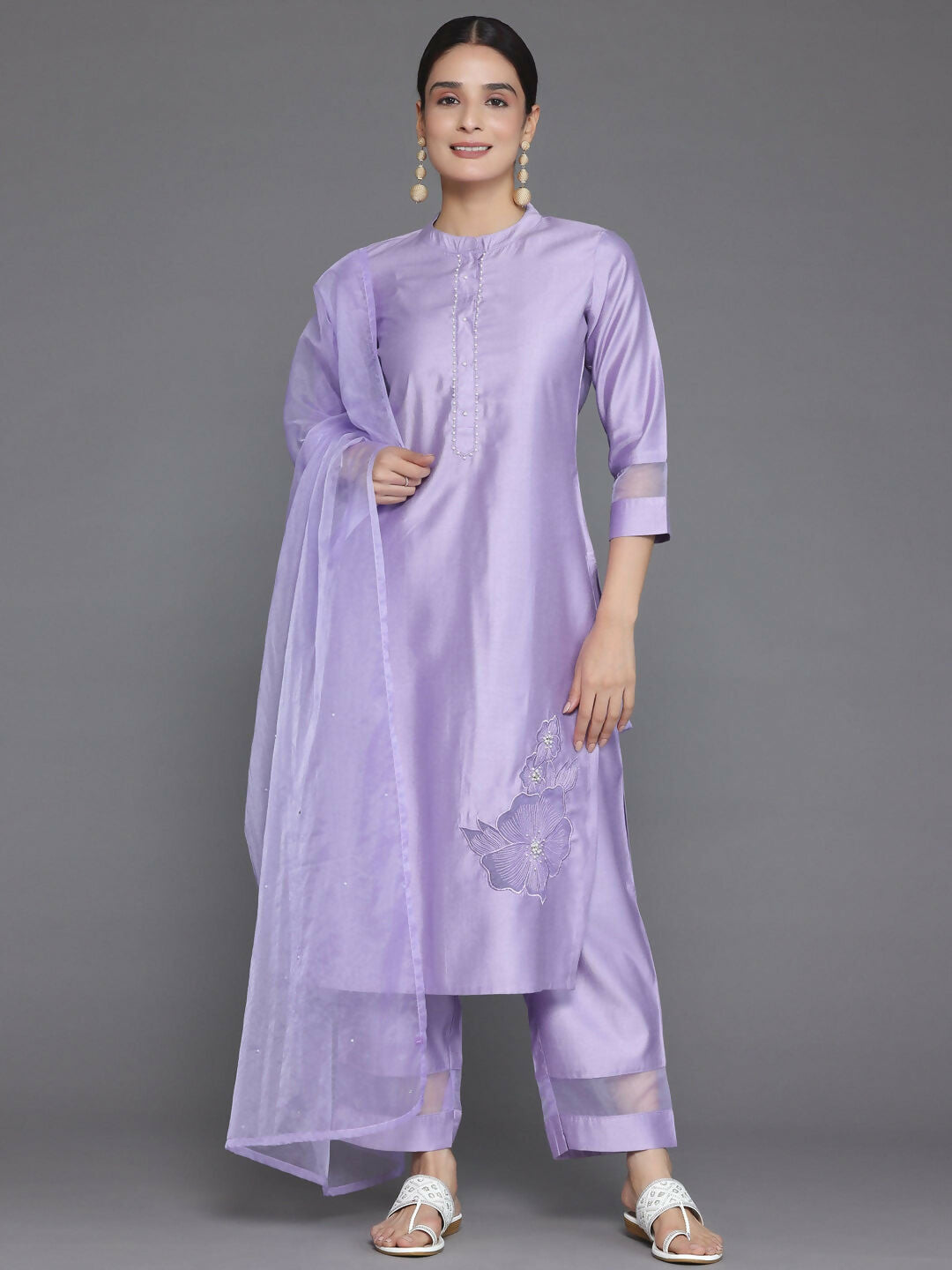 Women's LB Lavender Solid Silk Blend Straight Suit With Dupatta