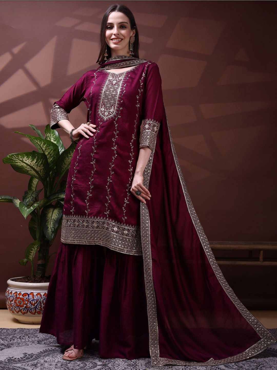 Dhiyona SN Embroidered Round Neck Kurta & Sharara With Dupatta