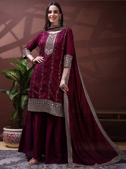 Dhiyona SN Embroidered Round Neck Kurta & Sharara With Dupatta