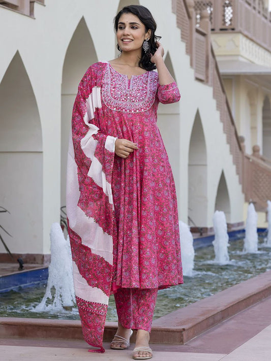 Dhiyona KL Floral Printed Chikankari Pure Cotton Anarkali Kurta With Trouser & Dupatta