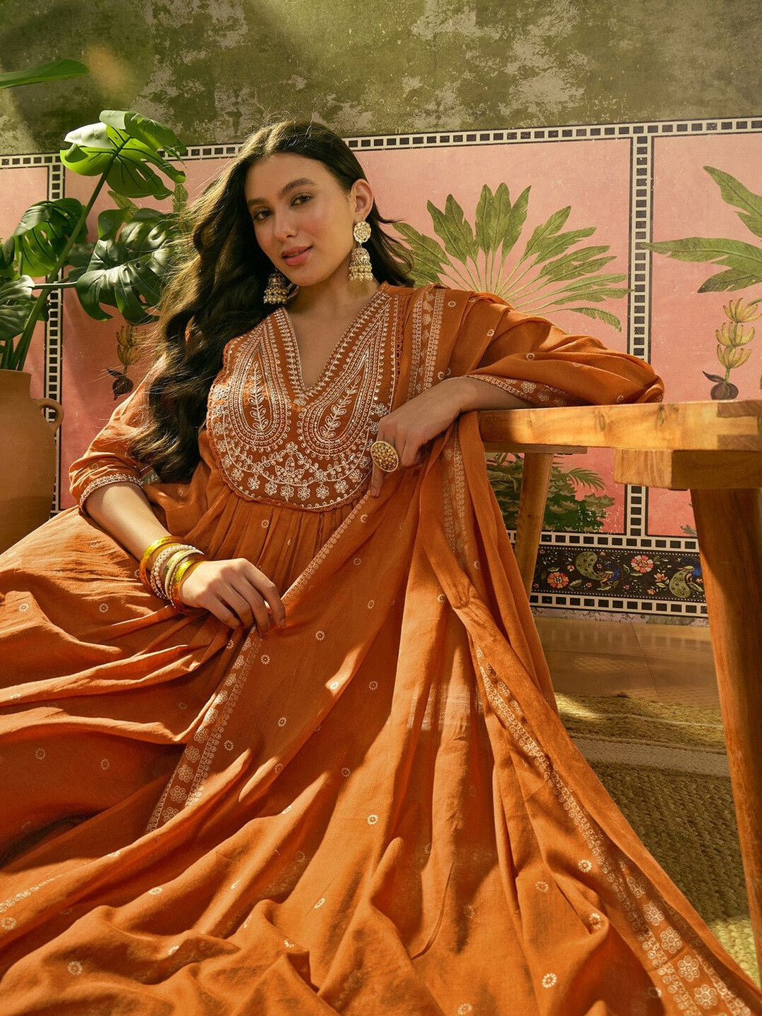 Embroidered V-Neck Kurta & Trousers with Dupatta